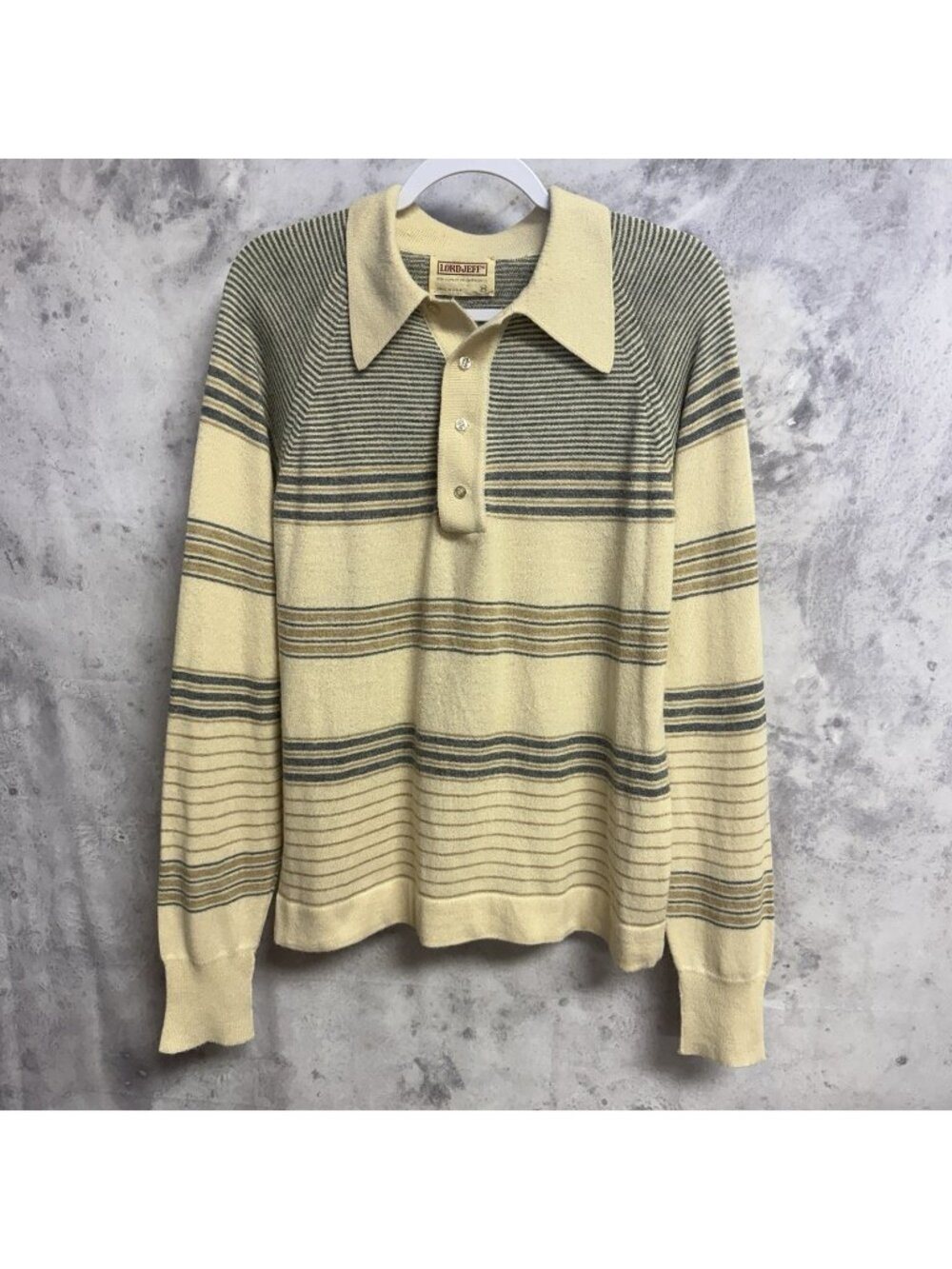 Vintage Lord Jeffs Polo Shirt Mens M Striped 60s 70s Acrylic Beige Long Sleeve